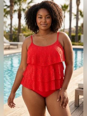 Catherines Red Lace Tiered One-Piece Swimdress